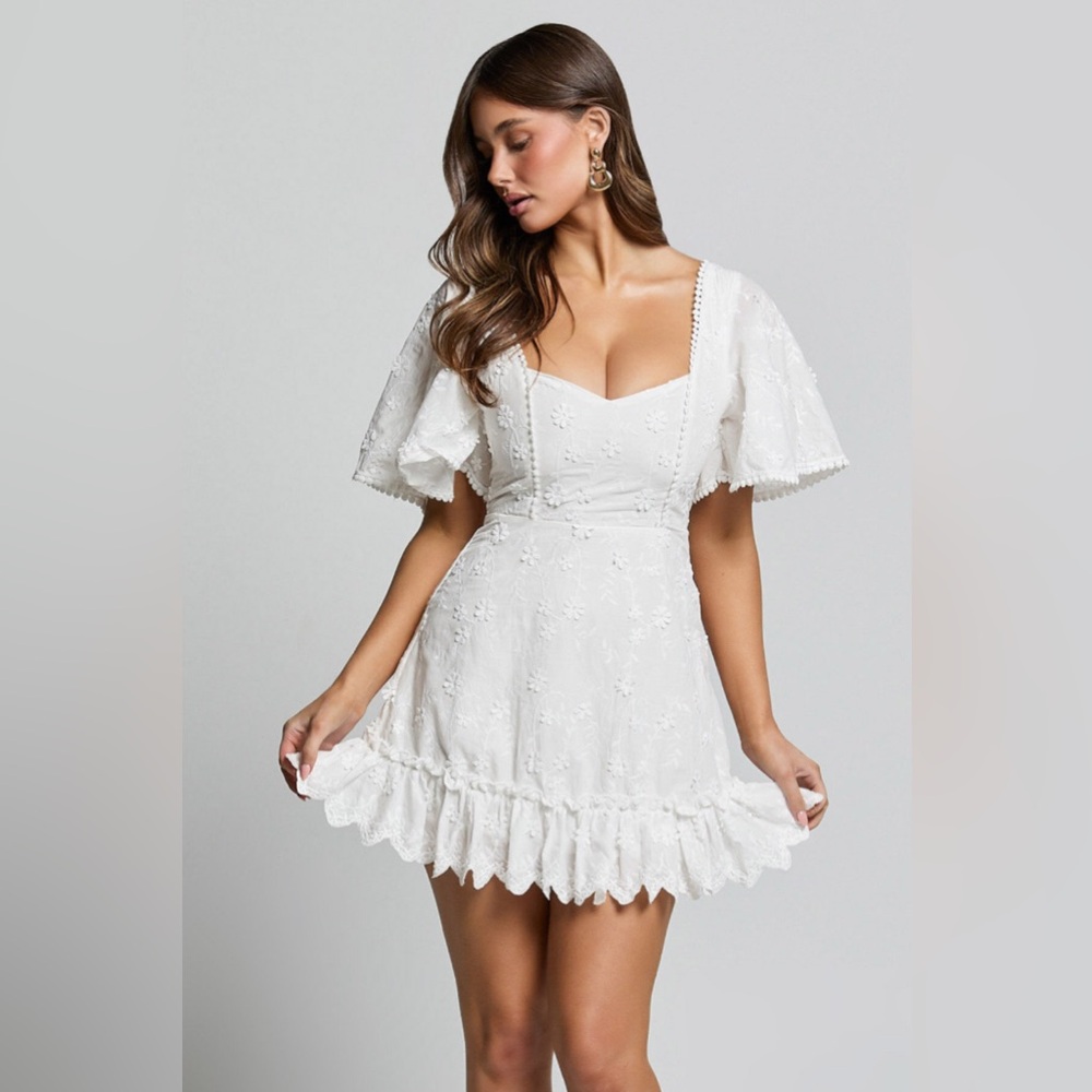 Showpo SQUARE NECK DRESS IN WHITE EMBROIDERY